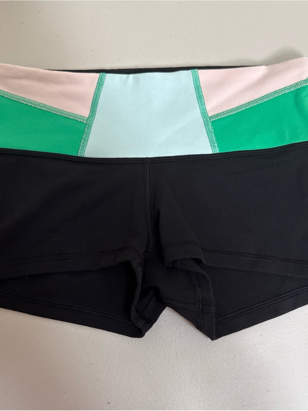lululemon athletica Black Bike Shorts with Green, Light Blue & Blush Panels
